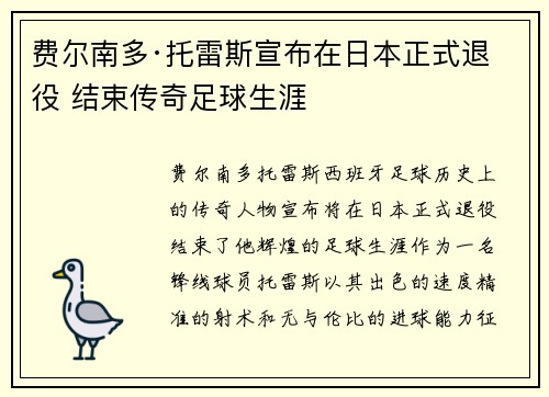 费尔南多·托雷斯宣布在日本正式退役 结束传奇足球生涯