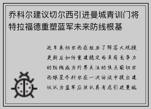 乔科尔建议切尔西引进曼城青训门将特拉福德重塑蓝军未来防线根基