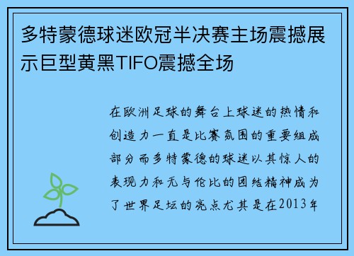 多特蒙德球迷欧冠半决赛主场震撼展示巨型黄黑TIFO震撼全场